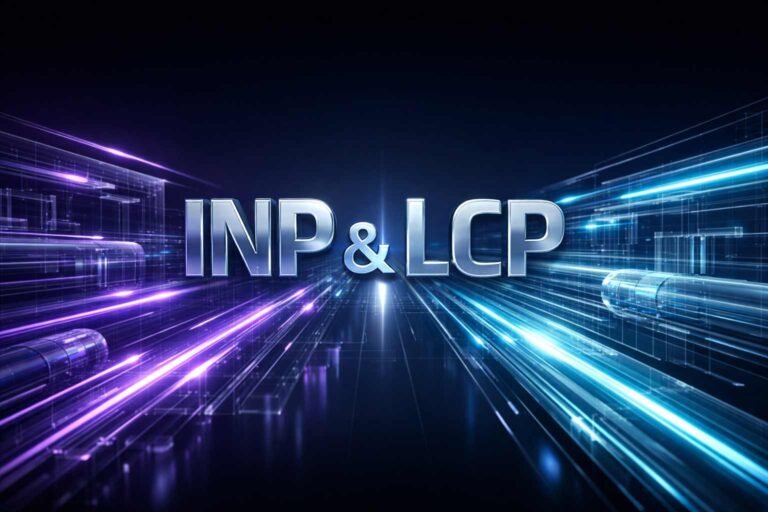 3D glass blueprint showing technical INP and LCP performance metrics with glowing data trails, symbolizing high-speed web optimization.