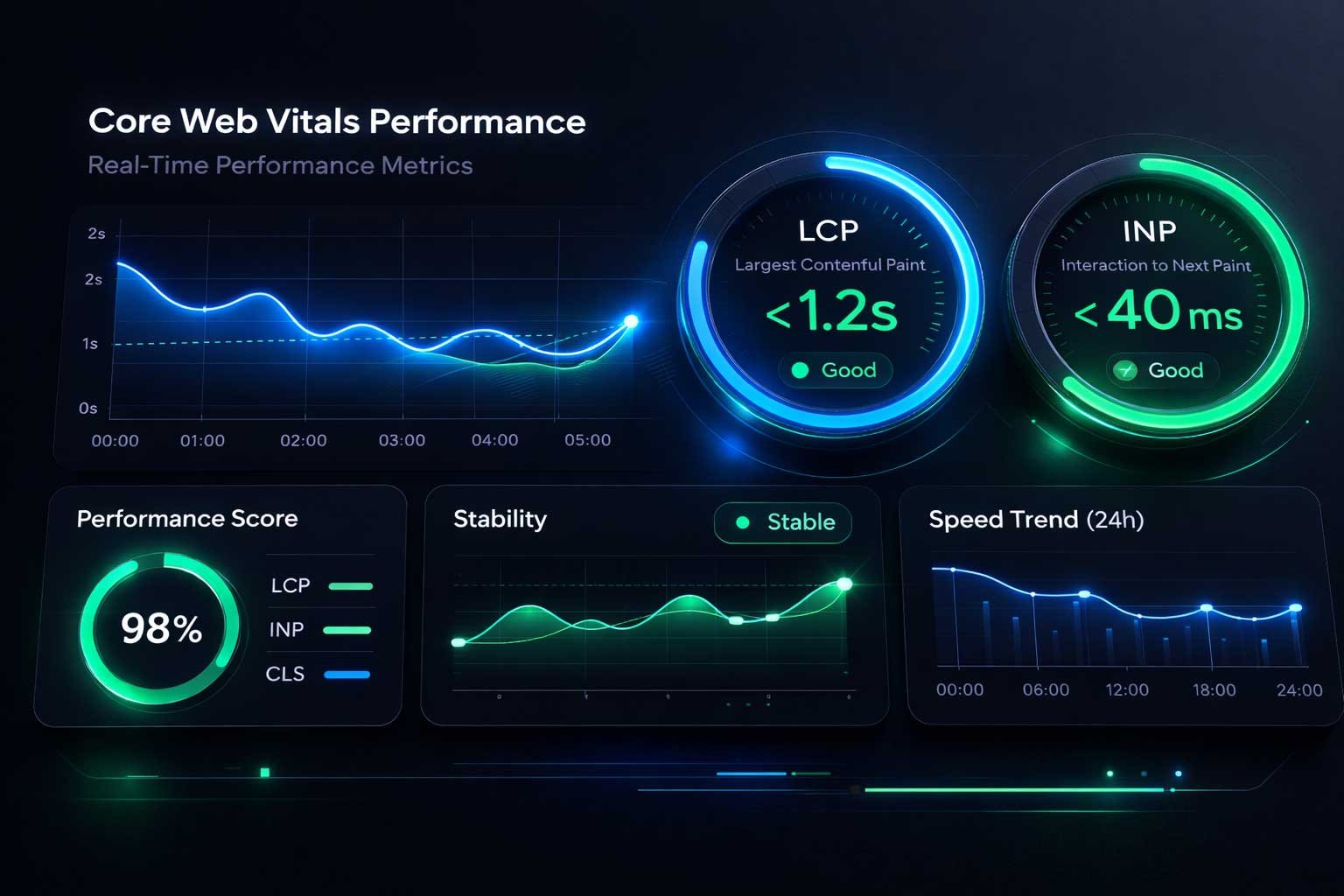 Technical dashboard showing Core Web Vitals optimization for AI-native web design: INP under 40ms and LCP under 1.2s.