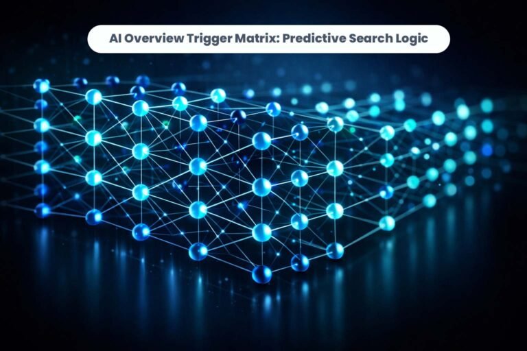 Technical visualization of an AI Overview trigger matrix showing the neural network layers between LLM intent and search generative experience results.