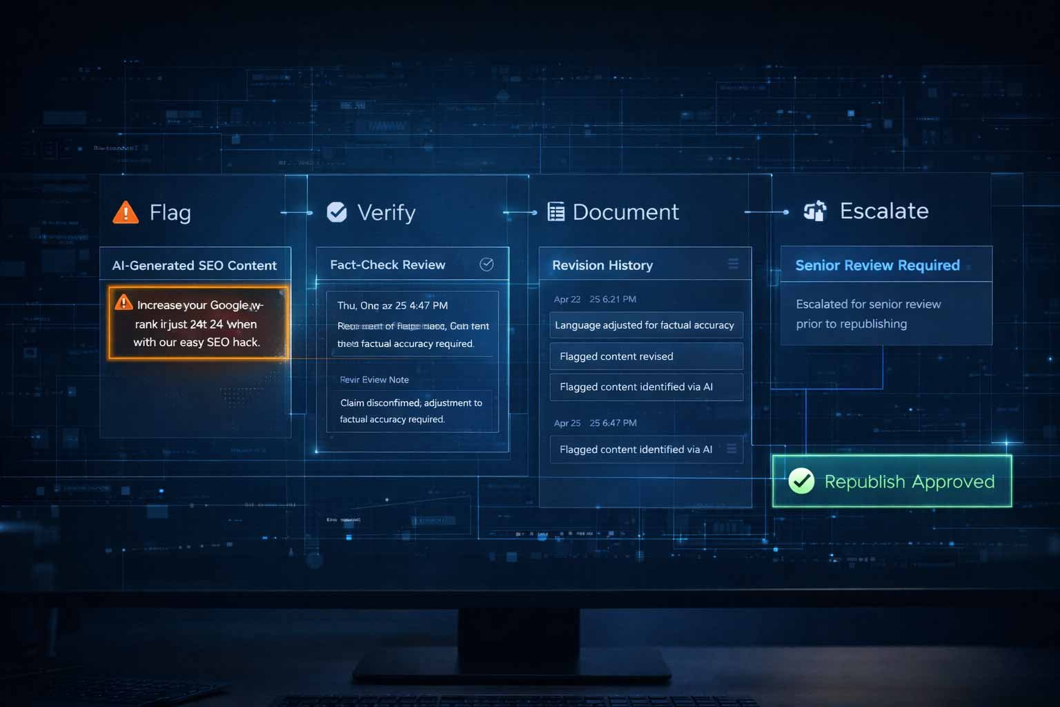 A technical dashboard illustrating the AI SEO accountability process: flagging incorrect content, factual verification, revision logging, and senior expert escalation.