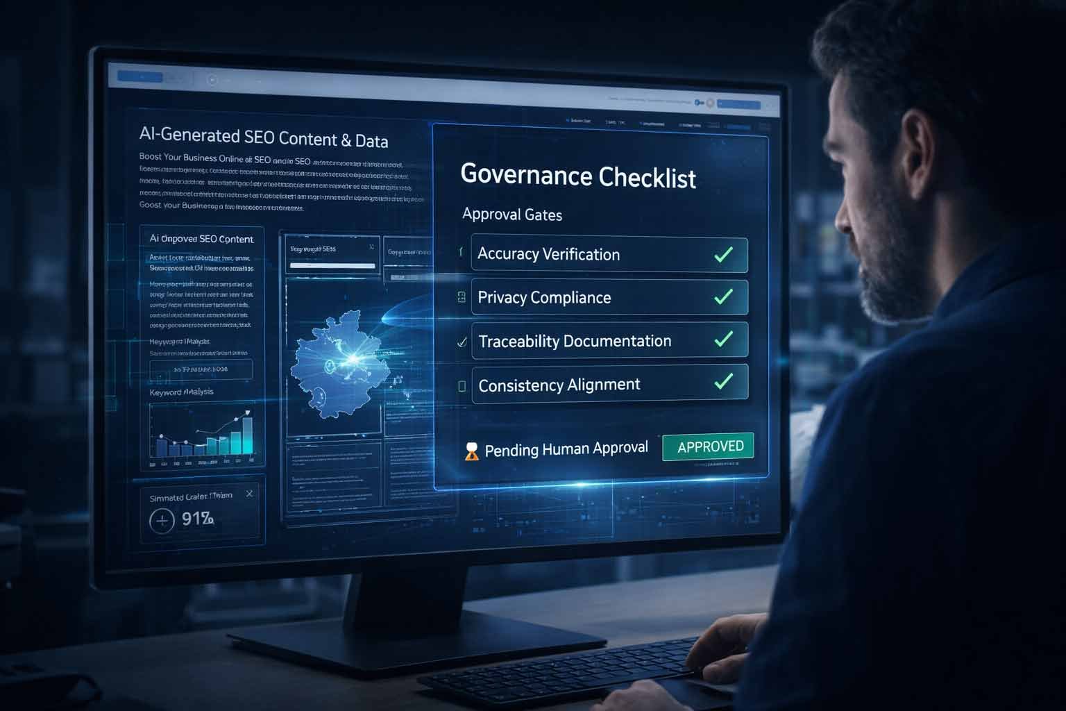 A technical SEO governance checklist showing human approval gates for AI-generated content, focusing on accuracy verification, privacy compliance, and traceability.