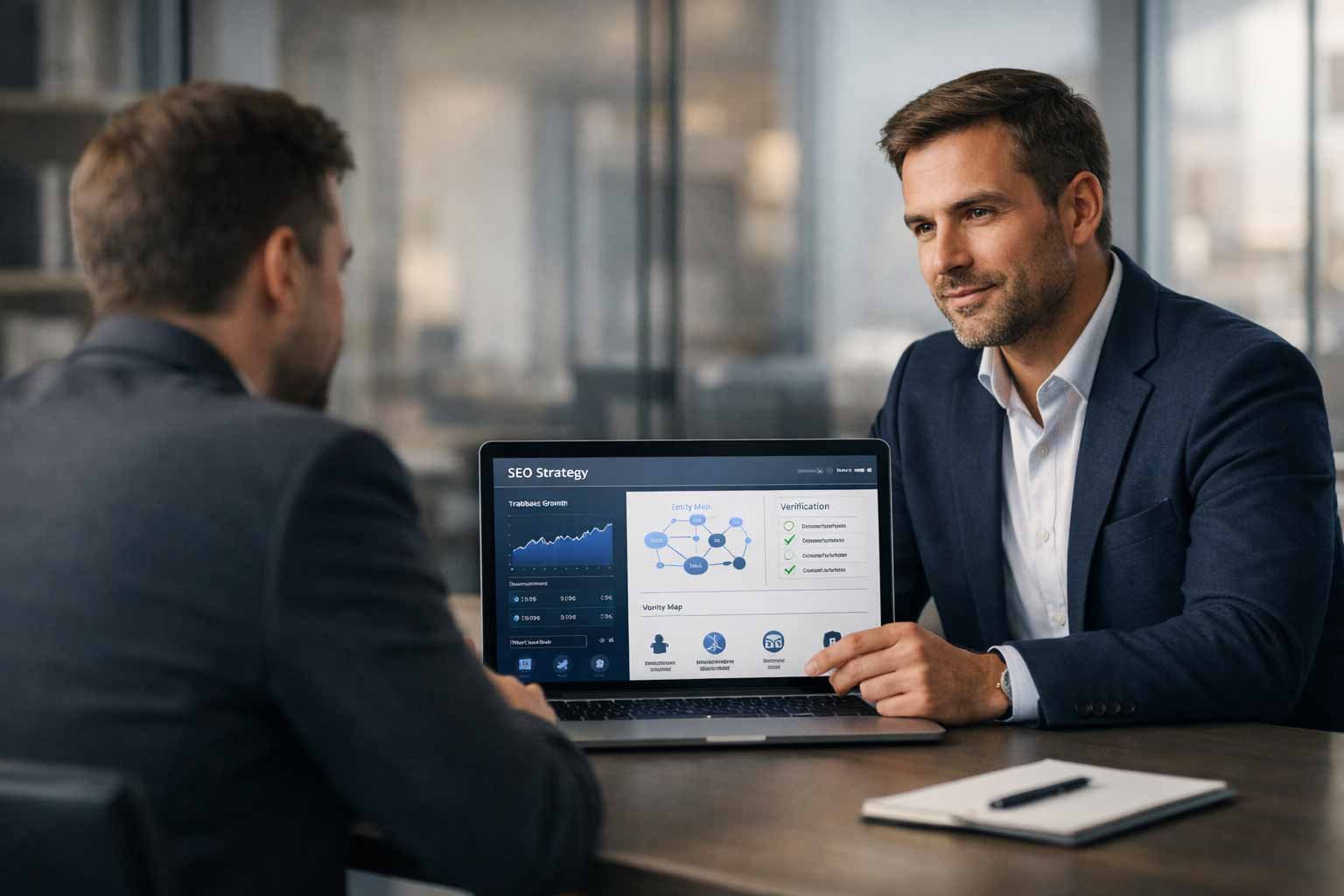 A four-step visual workflow for AI SEO Leicester clients, showing human-led discovery, jargon-free summaries, transparent boundaries, and written next steps.