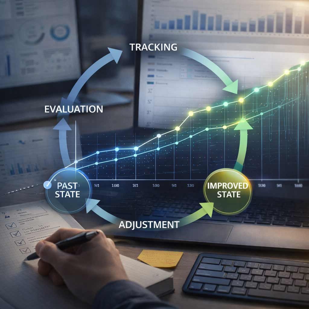 A circular flowchart detailing the AI SEO validation loop process: tracking inclusion patterns, analyzing LLM citations, and iterating content to compound ranking improvements.