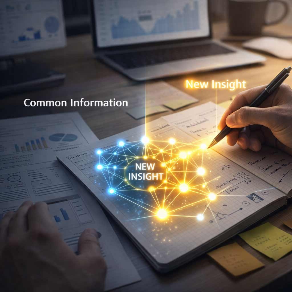 Diagram illustrating Information Gain theory where original data and differentiated insights provide net-new value over LLM-generated surface content.