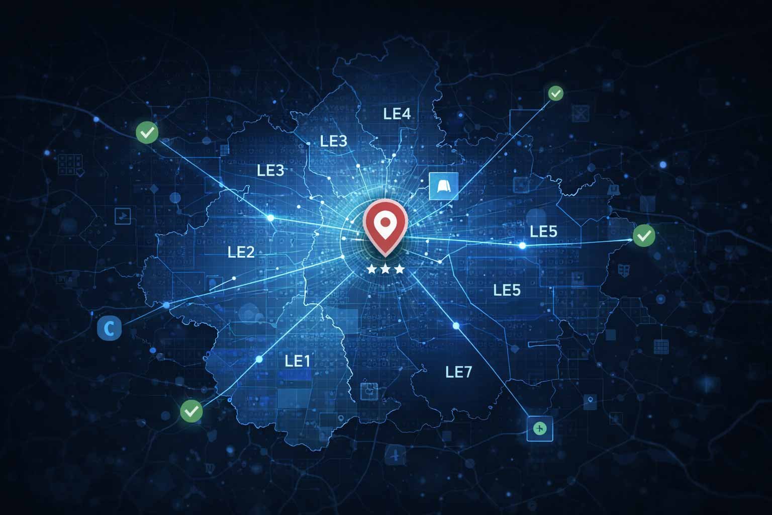 A map of Leicestershire highlighting LE postcode districts and their corresponding local SEO citation signals for Google Map Pack authority.