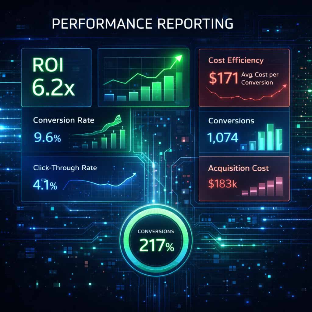 A performance reporting dashboard for a Leicester business showing monthly ROAS, cost per acquisition (CPA), and lead conversion growth.