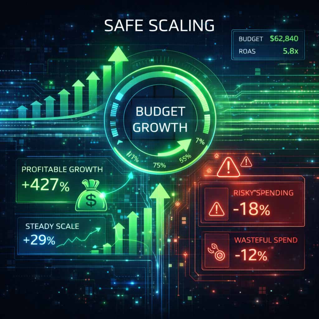 A data visualization showing the incremental budget scaling process based on conversion stability and ROI thresholds for a Google Ads campaign.