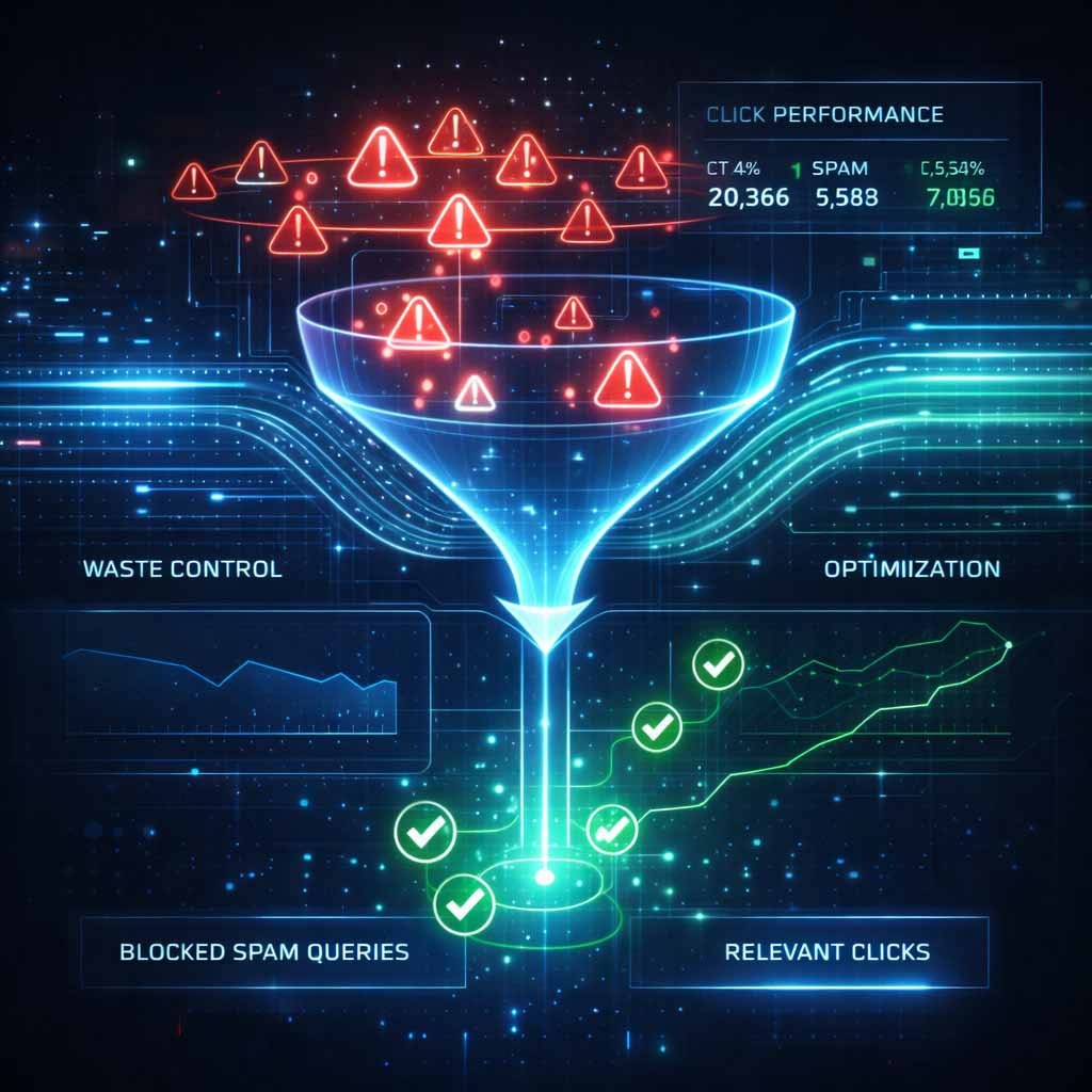 A technical diagram showing the process of blocking irrelevant search queries and low-quality placements to improve Google Ads ROAS.