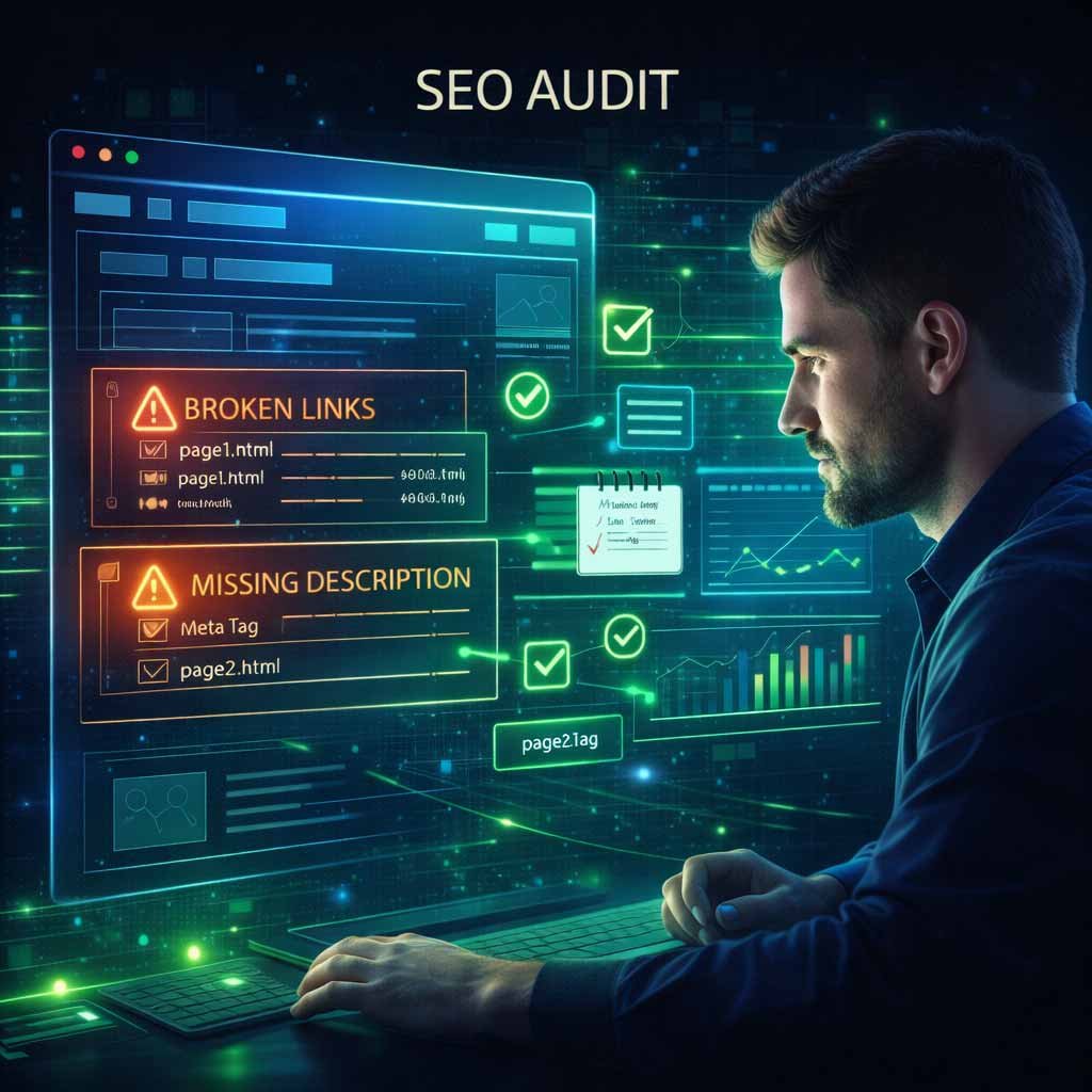 An SEO expert manually reviewing a Leicester business website's technical health alongside AI diagnostic tools to identify high-impact visibility issues.