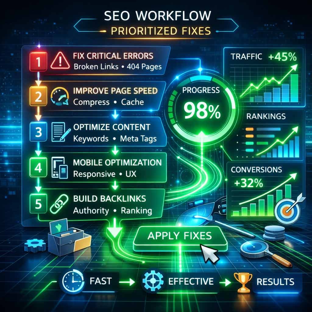 A prioritised list of SEO fixes for a Leicester business website, ranked by impact from 'Critical' to 'Maintenance' to ensure efficient visibility growth.