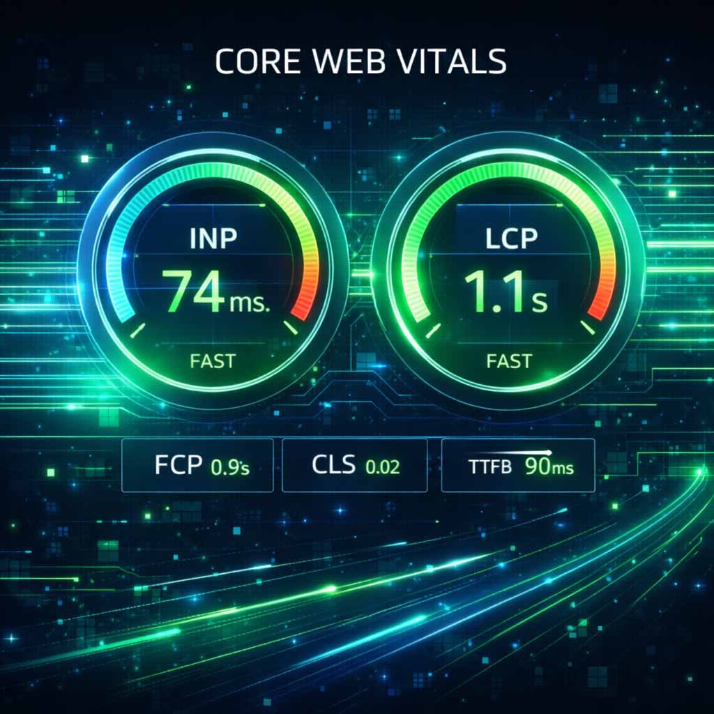 A technical dashboard showing specific optimization targets for INP (Interaction to Next Paint) under 200ms and LCP (Largest Contentful Paint) under 2.5s for a Leicester business website.