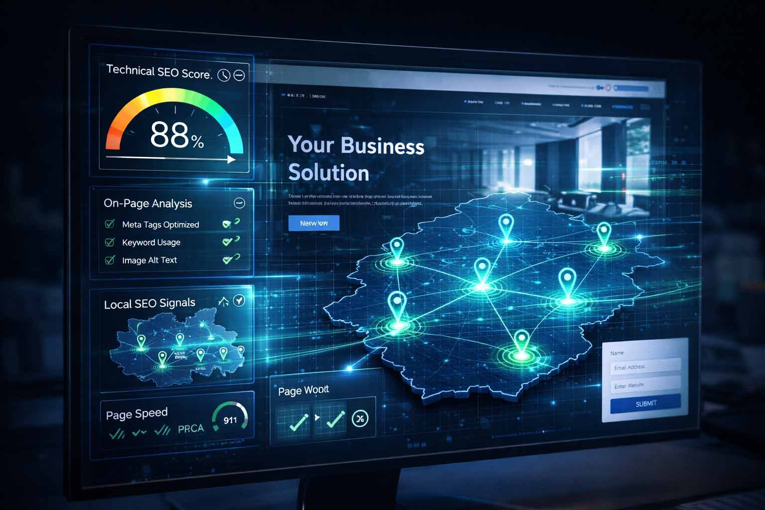 A dashboard showing a free instant SEO audit report for a Leicestershire business, featuring technical scores, local signal maps, and an easy submission form.