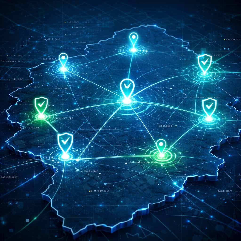 A digital map of Leicestershire showing verified local SEO signals and shield icons representing data consistency across different LE postcode districts.