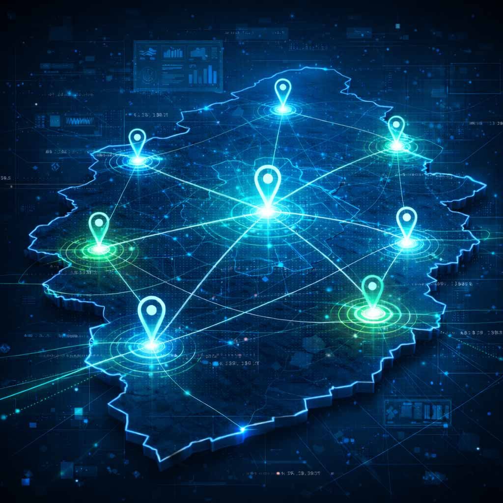 A digital regional map of Leicestershire showing a connected network of business locations across multiple LE postcode districts, illustrating multi-location SEO readiness.