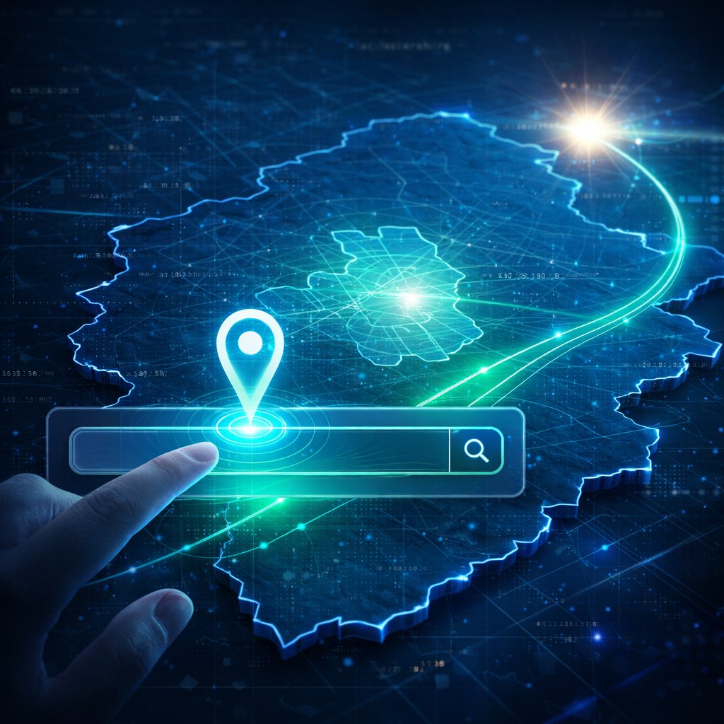 A digital search interface overlaying a Leicestershire map, where users can enter their postcode and business sector for a tailored SEO starting point.