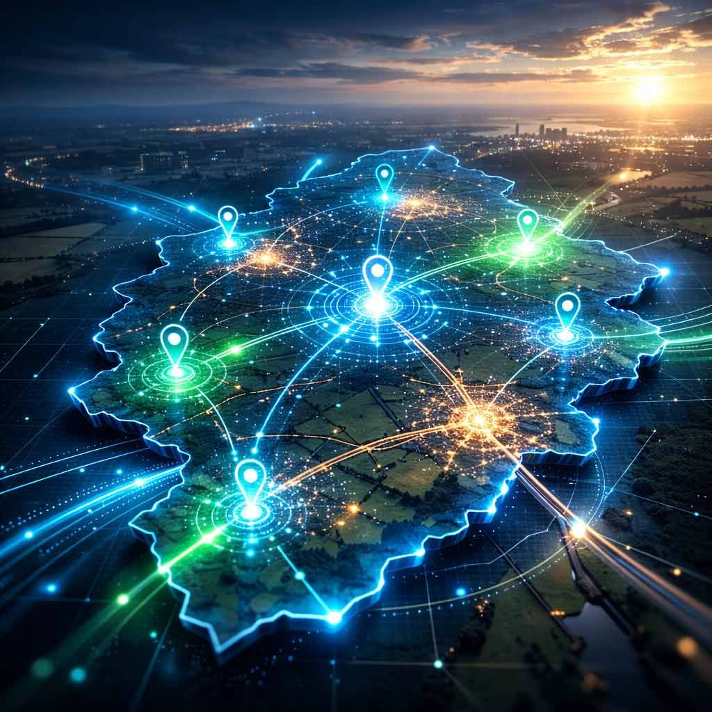 A regional coverage map of Leicestershire highlighting LE postcode support across key towns like Loughborough, Hinckley, and Melton Mowbray for local SEO.