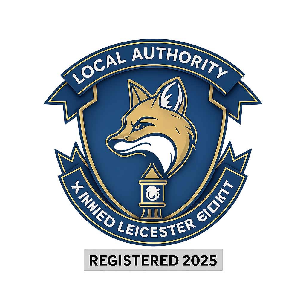 A circular blue and gold seal featuring a stylized fox head, a clock tower icon, and ribbons reading "Local Authority" and "Leicester." Below the seal is a tag that says "Registered 2025."