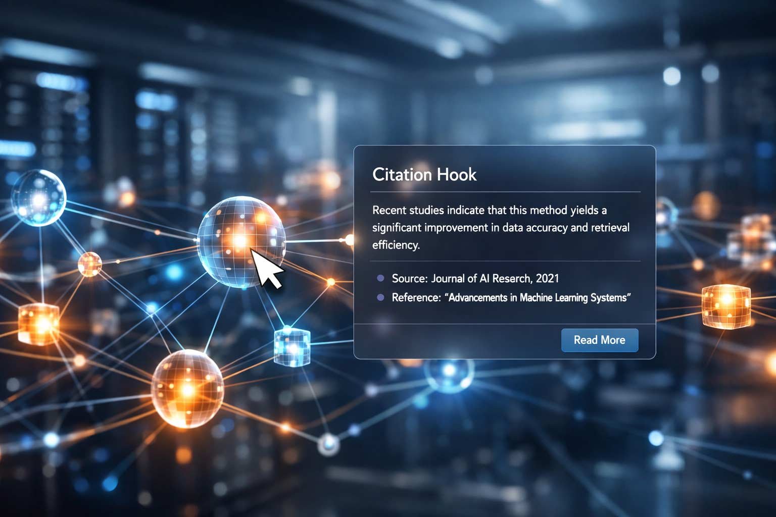 3D digital knowledge graph showing technical data nodes connected by neural threads, illustrating the AI SEO process of turning complex passages into citation-ready snippets for generative engines.