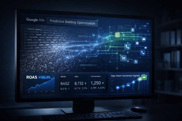 A technical matrix illustrating how AI-driven predictive bidding filters out low-intent search noise to isolate high-value conversion signals in Google Ads.