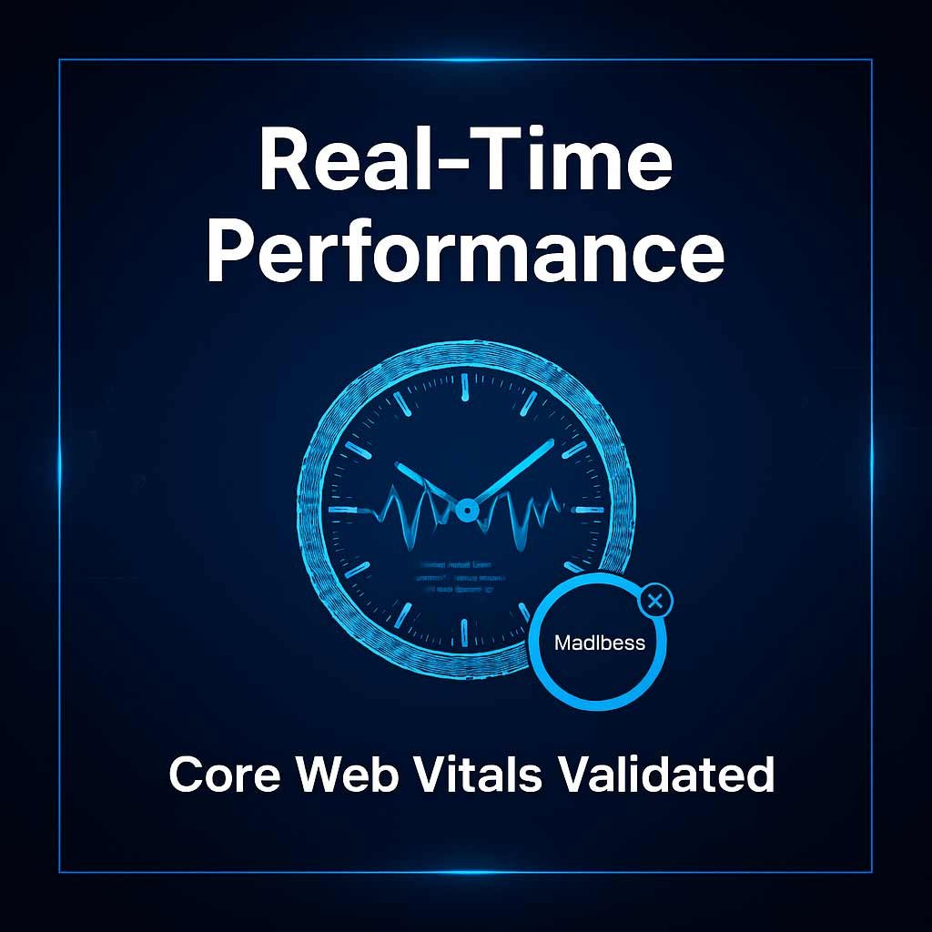 A futuristic blue trust bar graphic featuring a glowing digital clock face with a pulse line, centered between the text "Real-Time Performance" and "Core Web Vitals Validated."
