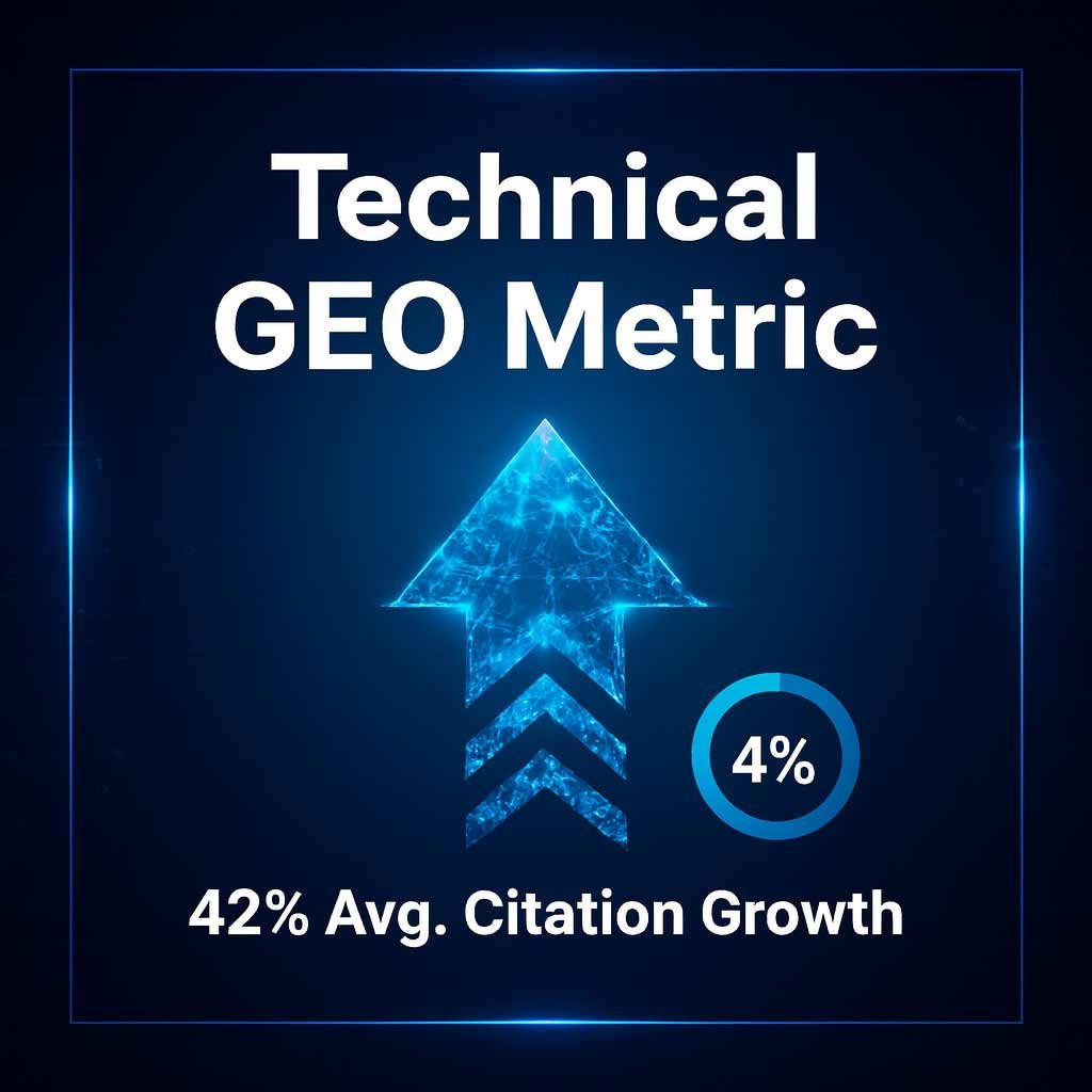 A high-tech trust bar graphic featuring a glowing blue digital arrow pointing upward, a circular percentage gauge, and text stating "Technical GEO Metric" and "42% Avg. Citation Growth."